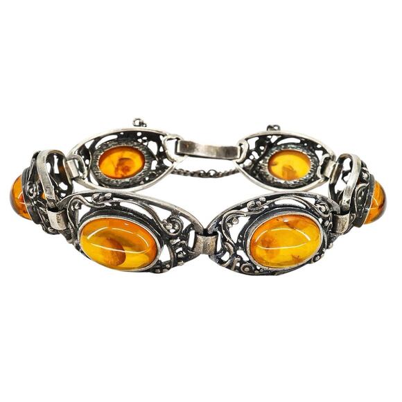 Sterling Silver Filigree Bracelet Baltic Amber Cabs Eastern European 7.5 In Read - Picture 1 of 14